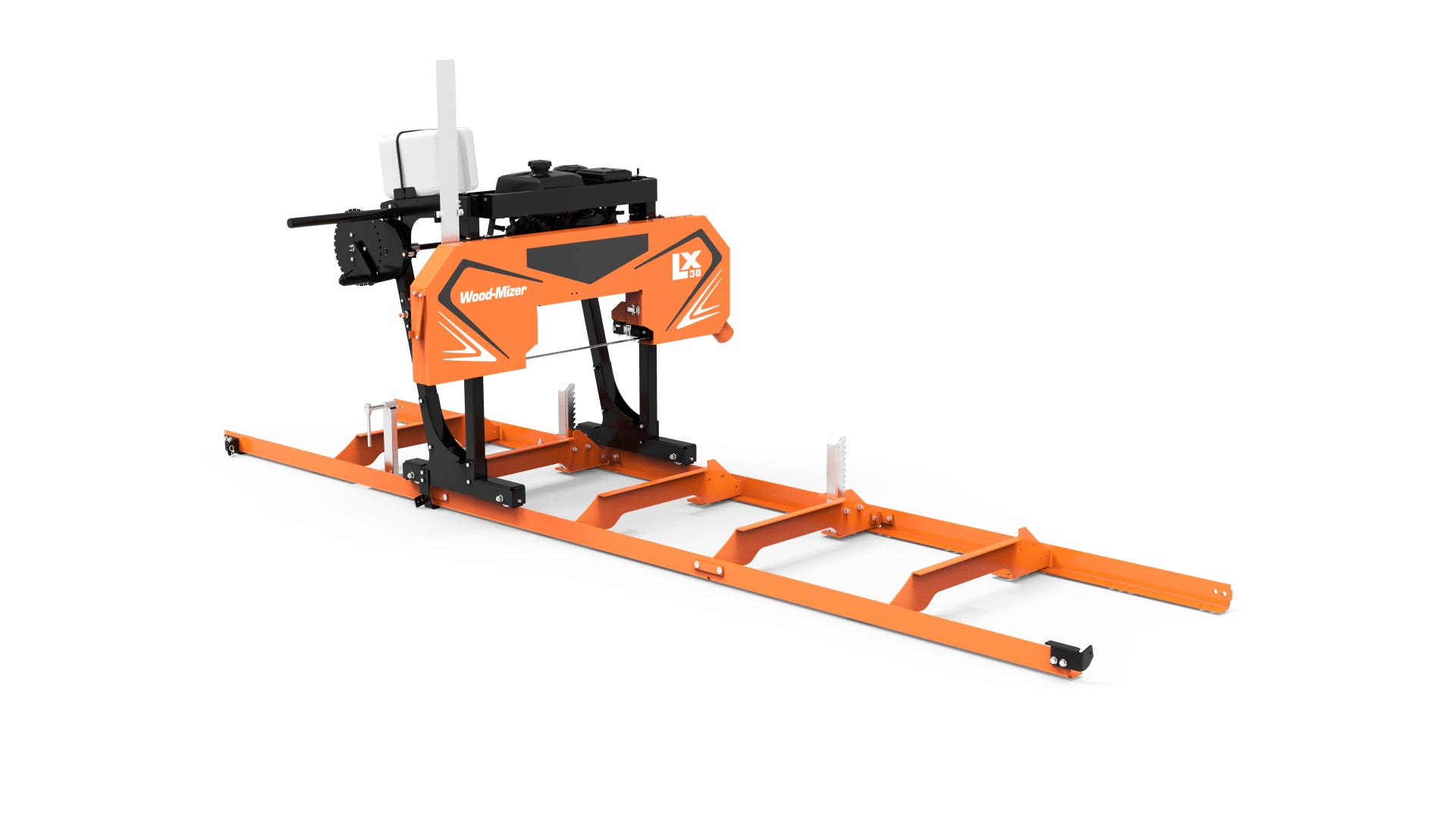 Orange and black Wood-Mizer LX30 portable band sawmill on a long steel track bed, with the blade housing and 9.5-horsepower gas engine mounted on the rolling cutting head, photographed against a white background