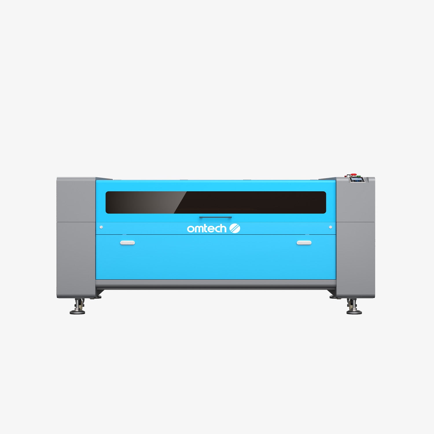 A blue and grey enclosed CO2 laser cutter the width of a workbench, with a long tinted viewing window across the lid, a control panel and emergency stop at the right end, and four levelling feet under the frame