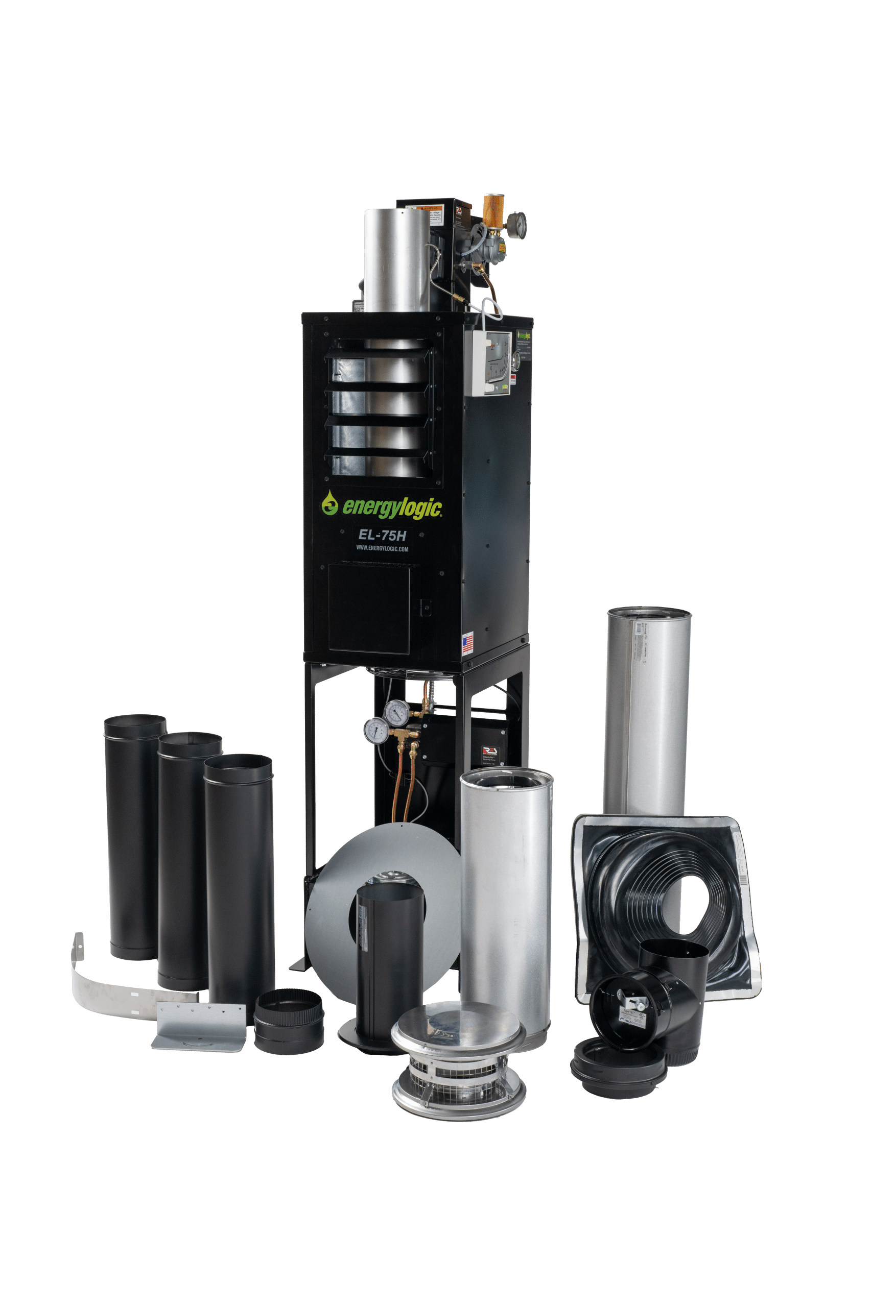 The black EnergyLogic EL-75H waste oil furnace standing on its frame above a 10-gallon tank, surrounded by every piece of its through-the-roof flue kit laid out on the floor: stovepipe sections, a rain cap, a roof flashing collar and mounting brackets